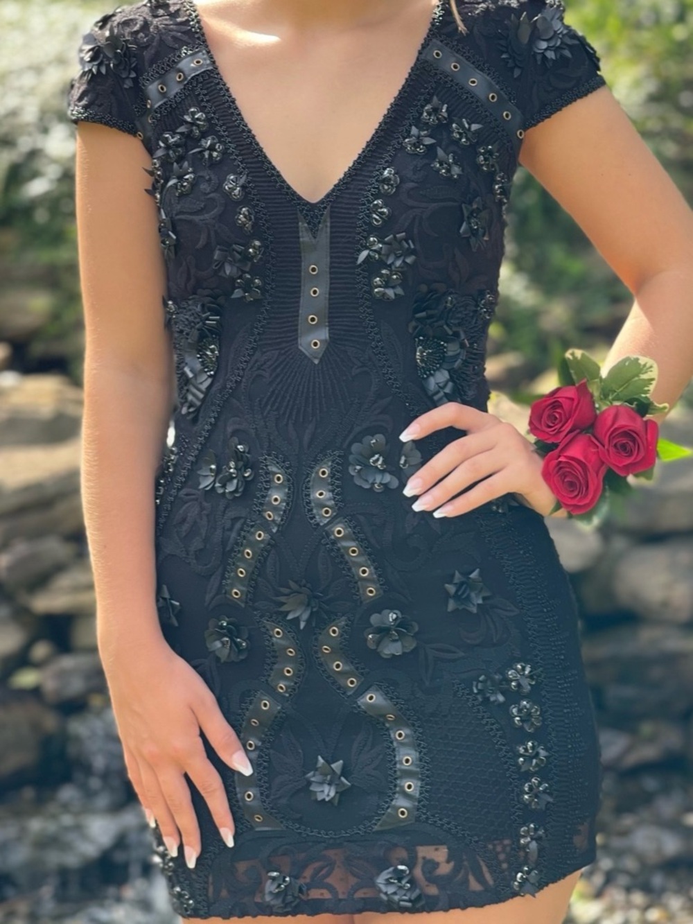 Sherri Hill Black Embellished V-Neck Mini Dress